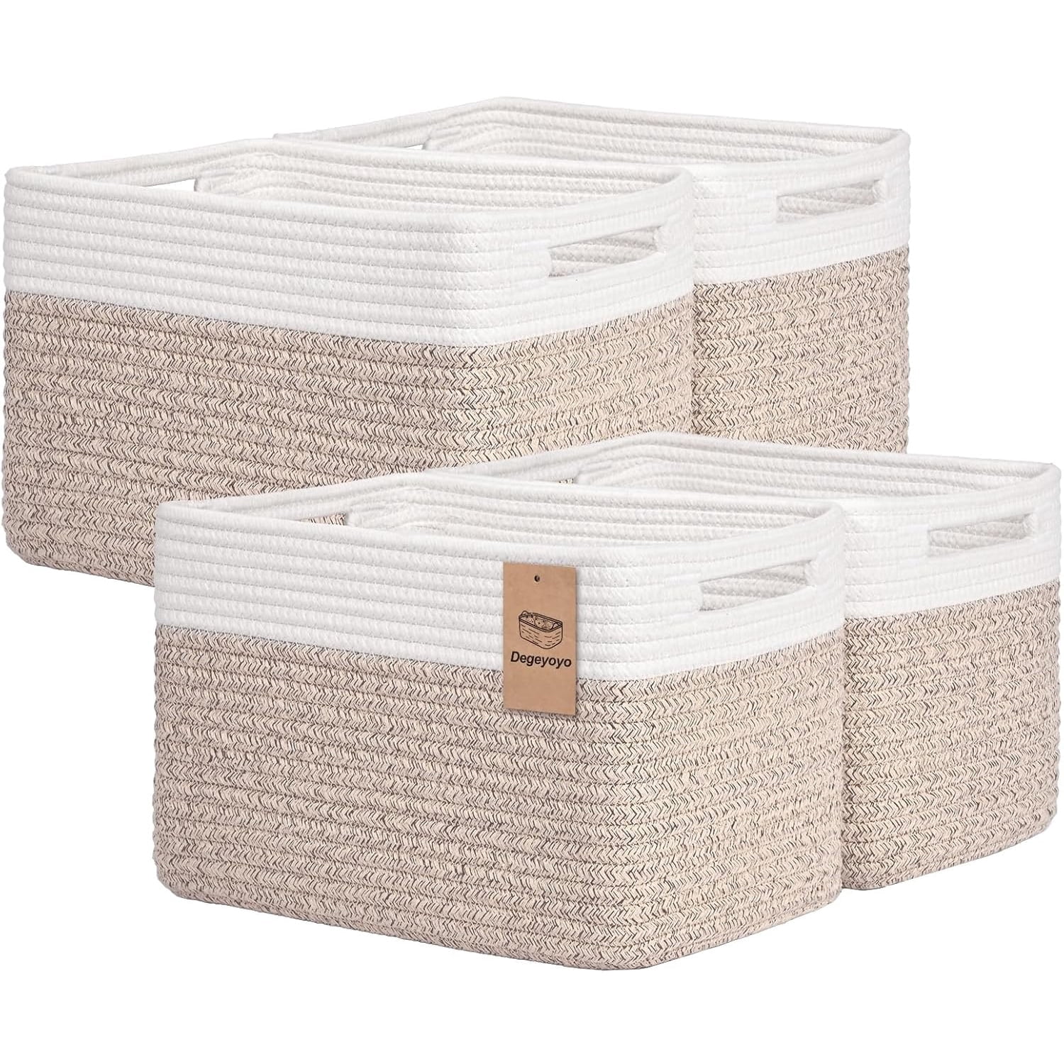 Natubeau 4 Pack Woven Storage Basket for Shelves, 13"x9"x8" Cotton Rope Woven Baskets for Organizing, Square Storage Bins with Handle, Brown & White