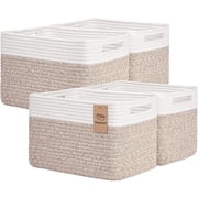 Natubeau 4 Pack Woven Storage Basket for Shelves, 13"x9"x8" Cotton Rope Woven Baskets for Organizing, Square Storage Bins with Handle, Brown & White