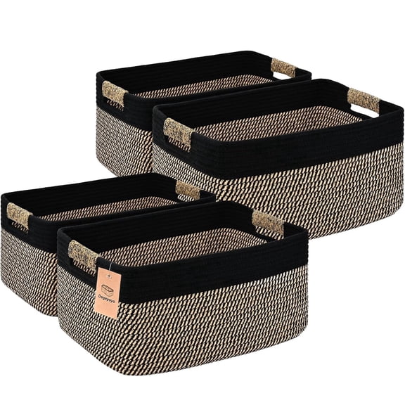 Natubeau 4 Pack Woven Storage Basket for Shelves, 29L Large Cube Storage Bins, Cotton Rope Woven Baskets for Organizing, Black, 17.5"D x 13"W x 7"H