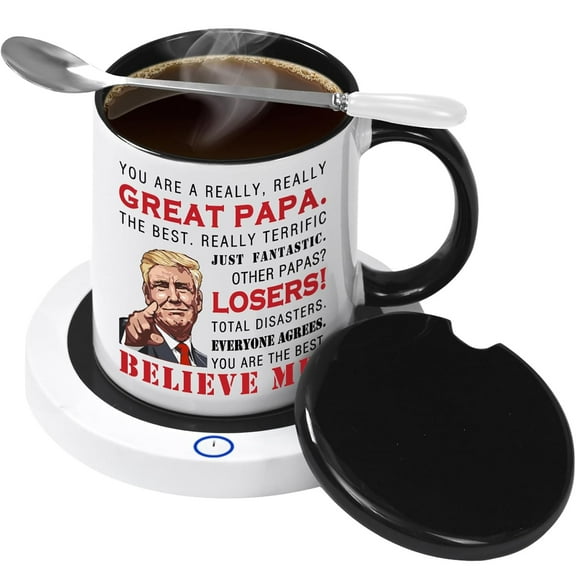 Gifts for Papa - Great Papa Coffee Mug Warmer Set, Fathers Day Gifts for Papa, Dad Gifts, White 11fl oz Mug Smart Warmer, Coffee Mug Warmer