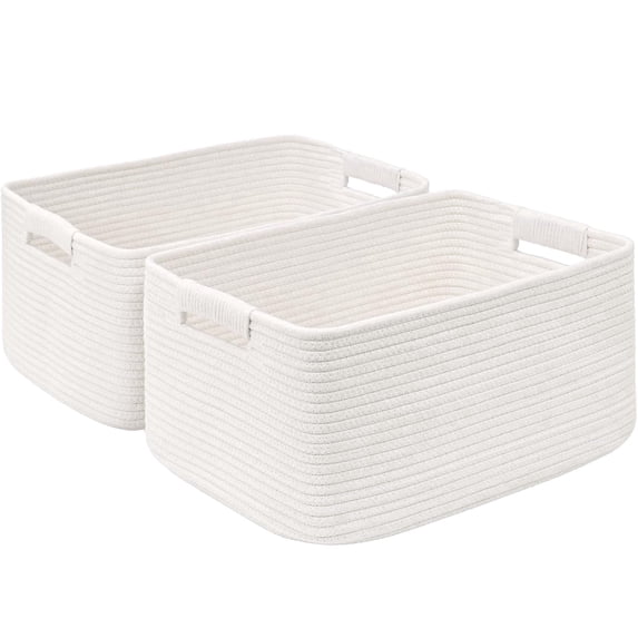 Natubeau Cotton Rope Storage Baskets 2 Pack, 29L Closet Cube Organizer Bins with Reinforced Handles, 17.5"x13"x7" Neutral Woven Shelf Baskets for Nursery Kitchen Clothes Toys, Off White