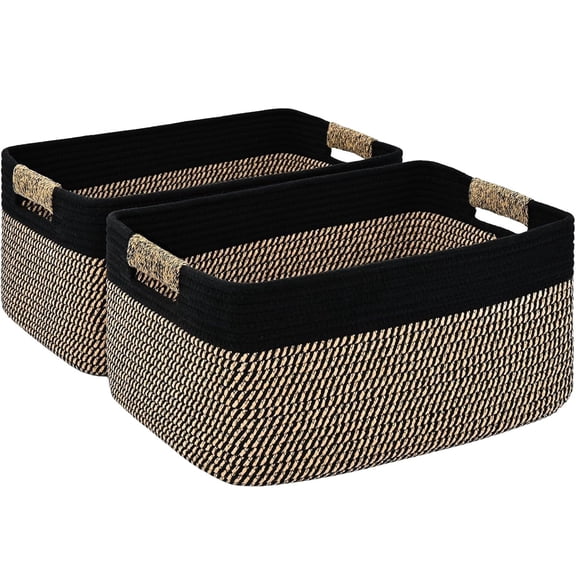 Natubeau Cotton Rope Storage Baskets 2 Pack, 29L Closet Cube Organizer Bins with Reinforced Handles, 17.5"x13"x7" Neutral Woven Shelf Baskets for Nursery Kitchen Clothes Toys, Black & Brown