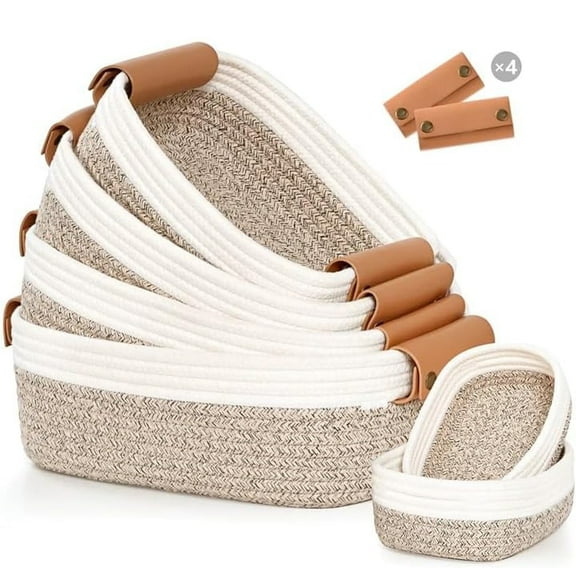Natubeau Set of 6 Storage Basket for Organizing, Including 4 with Leather Handles & 2 Small Gifts Baskets, Rectangle Bins for Shelves, Brown & White