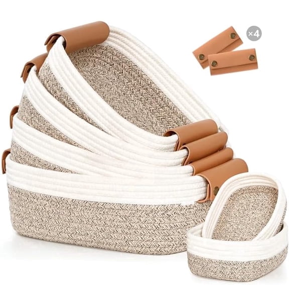 Natubeau 6 Pack Brown & White Cotton Rope Storage Baskets, Woven Rectangle Organizer Bins with Leather Handles for Shelves Bathroom Bedroom Farmhouse Decor