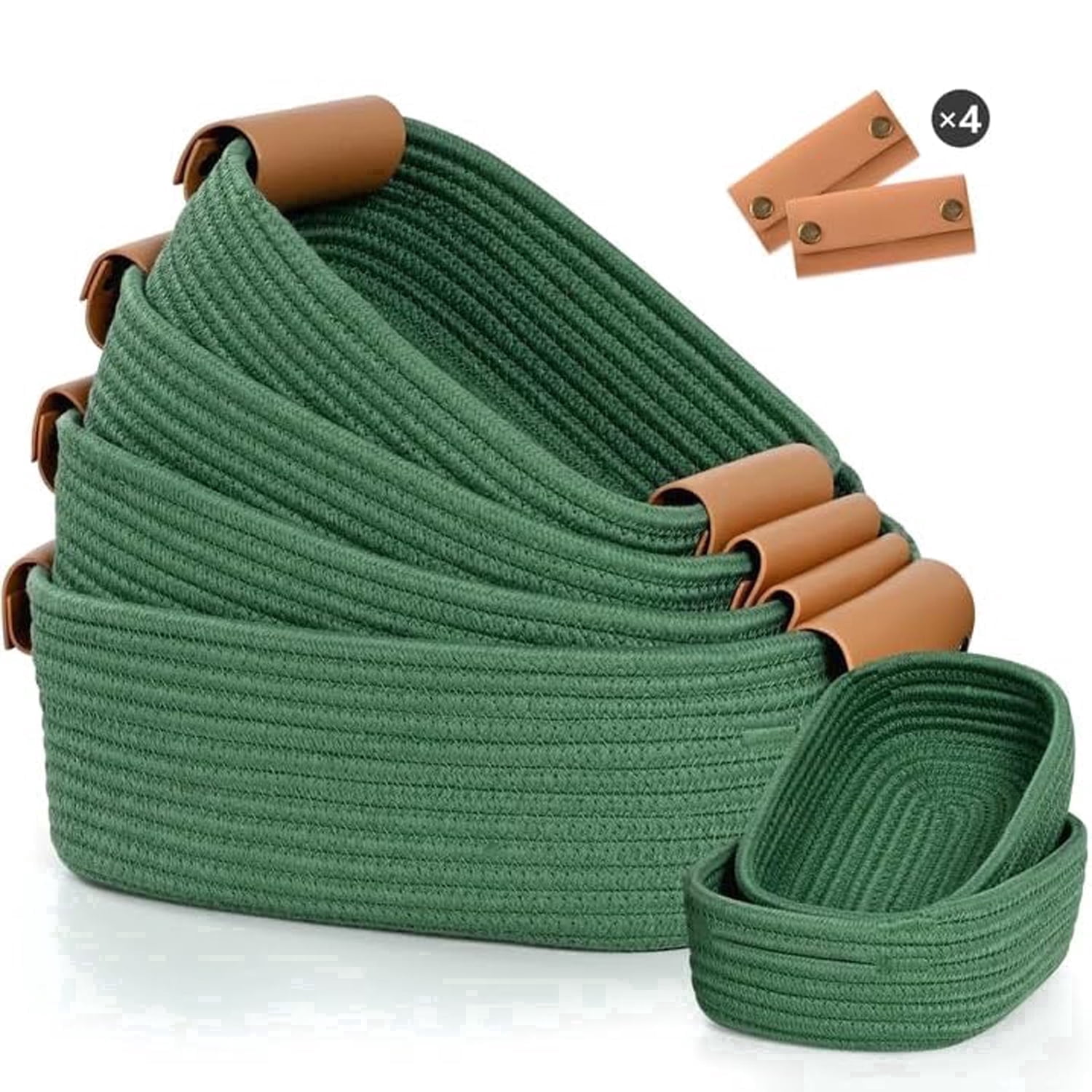 Natubeau 6 Pack Green Woven Storage Baskets, Stackable Cotton Rope Organizer Bins, Sturdy Decorative Rectangle Basket for Shelf, Kitchen, Bathroom, Bedroom & Home Organization