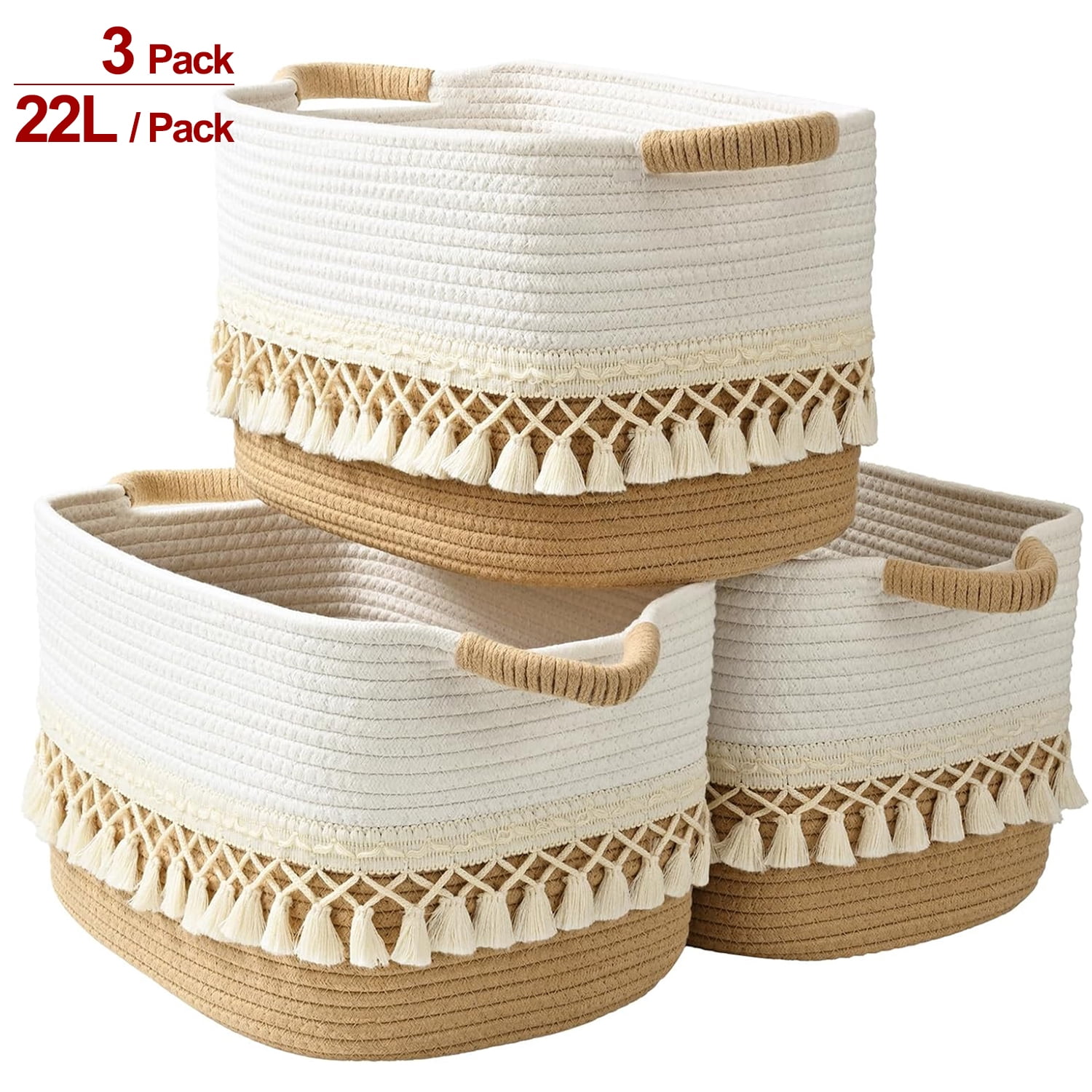Natubeau 3 Pack Woven Storage Baskets, Jute 22L Large Storage Basket for Organizing, Cotton Rope Storage Bins with Heavy Tassel, Cube Laundry Baskets