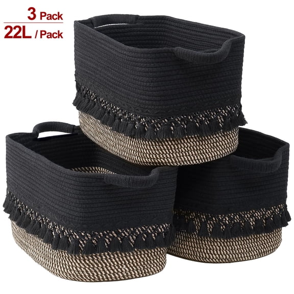 Natubeau 3 Pack Woven Storage Baskets, Black 22L Large Storage Basket for Organizing, Cotton Rope Storage Bins with Heavy Tassel, Cube Laundry Baskets