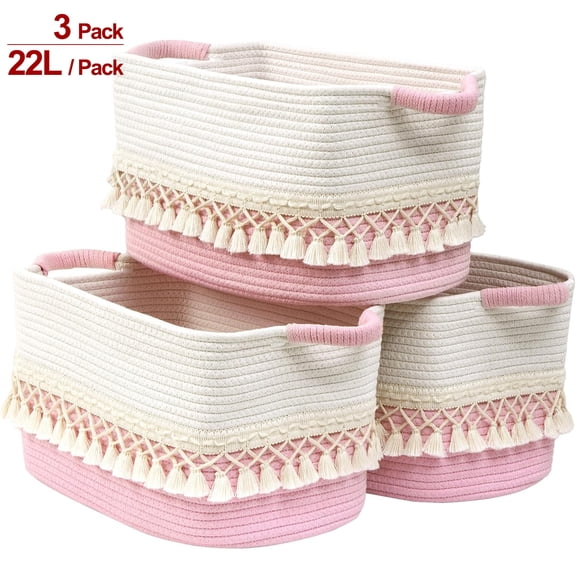 Natubeau 3 Pack Woven Storage Baskets, Pink 22L Large Storage Basket for Organizing, Cotton Rope Storage Bins with Heavy Tassel, Cube Laundry Baskets
