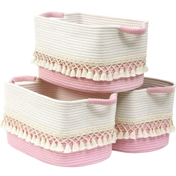 Natubeau 3 Pack Storage Basket for Shelve, Boho Cotton Rope Storage Bins with Heavy Tassel, Shelf Baskets Large Woven Baskets for Organizing, Cube Organizer Bins, Pink