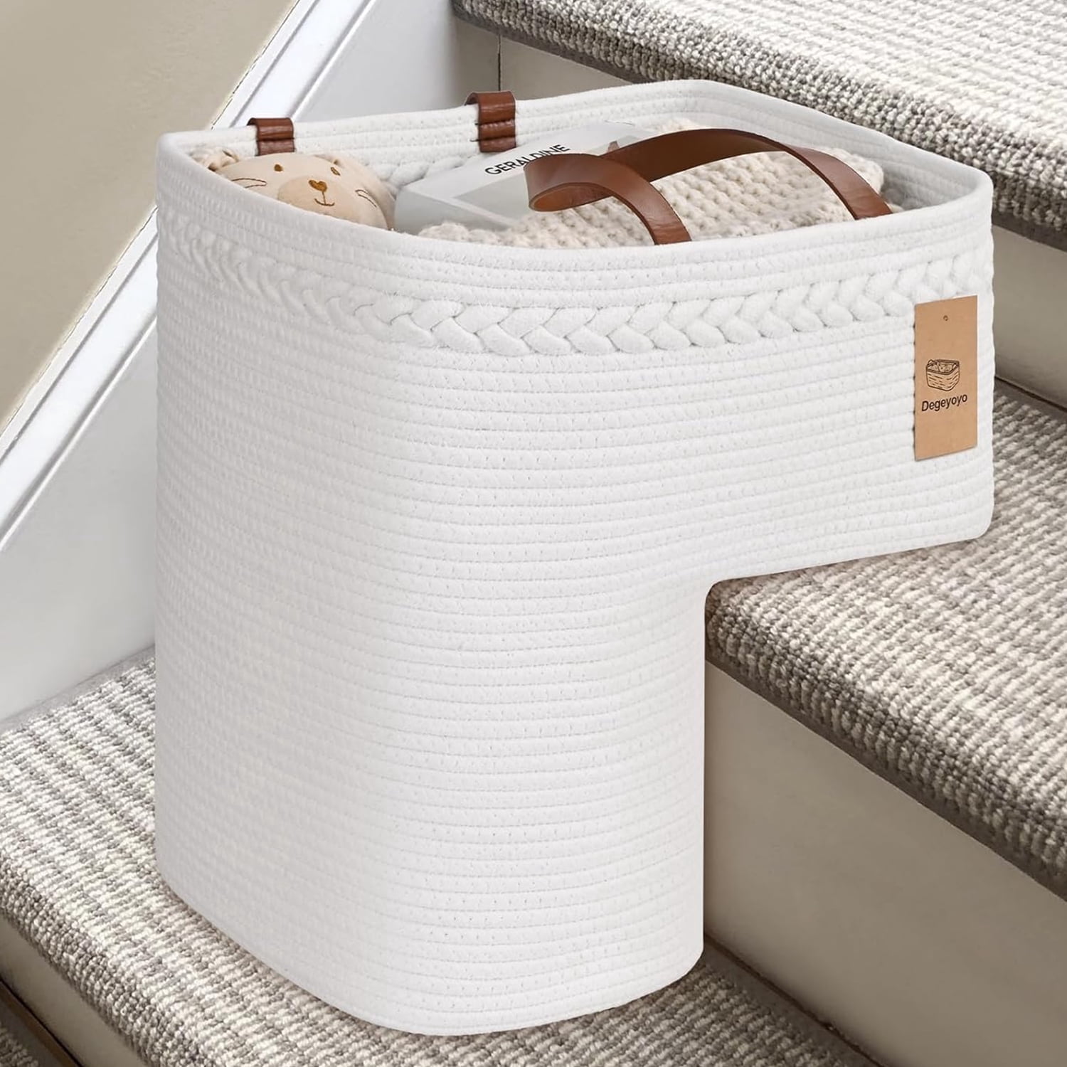 Natubeau Woven Storage Baskets, White Large Storage Basket with Handles for Wooden Stairs, Staircase Baskets for Organizing, 15"L x 10"W x 15"H
