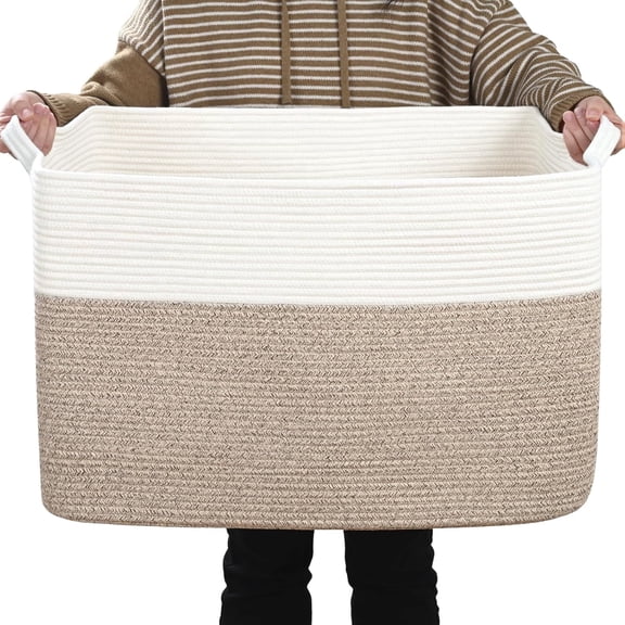 Natubeau Woven Storage Baskets for Shelves, 100L Large Rectangle Storage Bins with Handle, Cotton Rope Woven Baskets for Organizing, 25" L x 15.5" W x 15.5" H, White & Brown