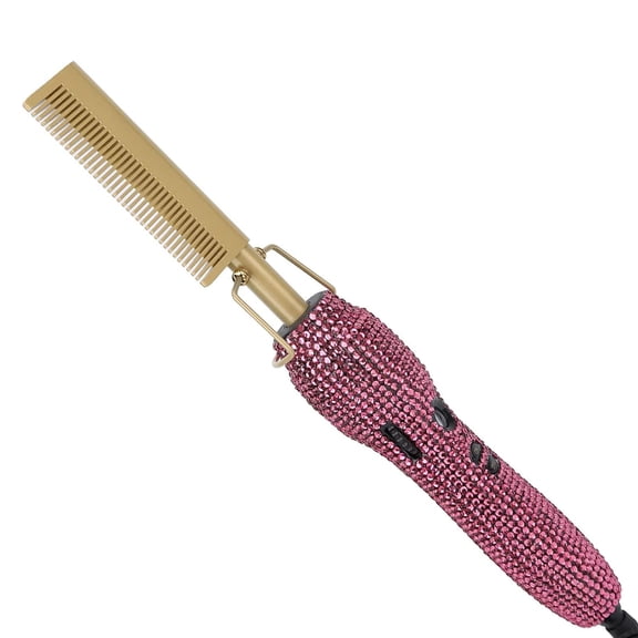 Natudeco Hair Straightener Brush Electric Hot Comb Pressing Comb Stylish Rhinestones Fast Heating Straightener Comb for Hair Styling Rose Red New Version