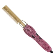 Natudeco Hair Straightener Brush Electric Hot Comb Pressing Comb Stylish Rhinestones Fast Heating Straightener Comb for Hair Styling Rose Red New Version