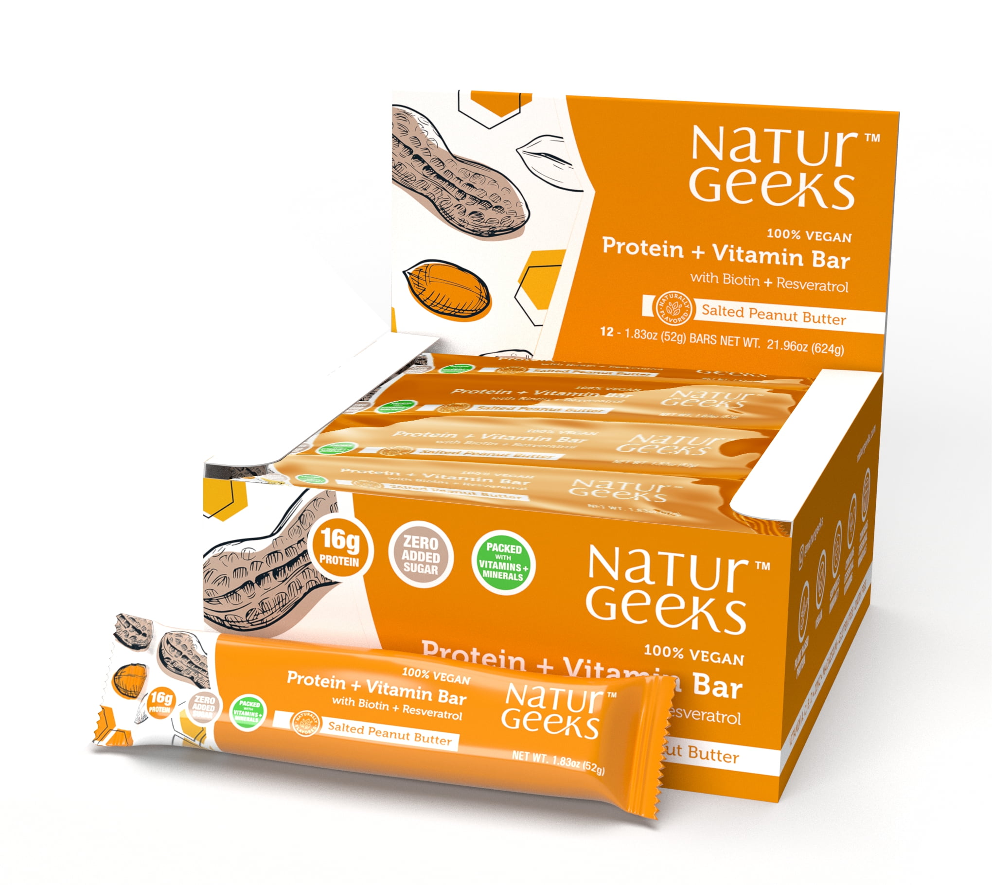 NaturGeeks Vegan Protein Bar + Vitamin Bar, Salted Peanut Butter 15g