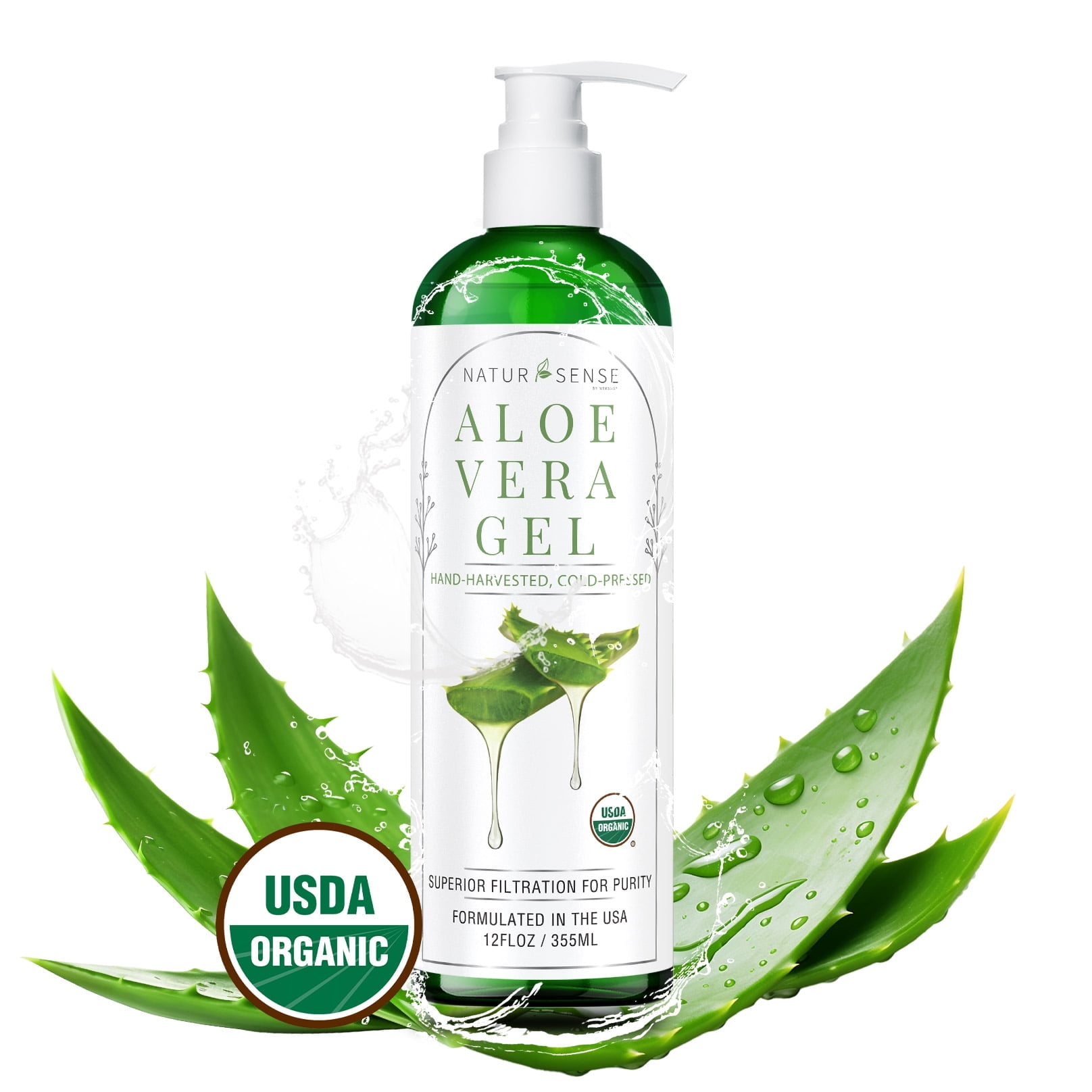 NaturSense Organic Aloe Vera Gel USDA Certified Organic! Face, Hair, Sunburn Relief, Dry Skin Hydration - 12 oz.