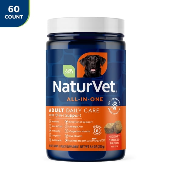 NaturVet Adult Dog Daily Care All-In-One Supplements, 10-In-1, Hickory Smoked Bacon Flavor, 60 Count