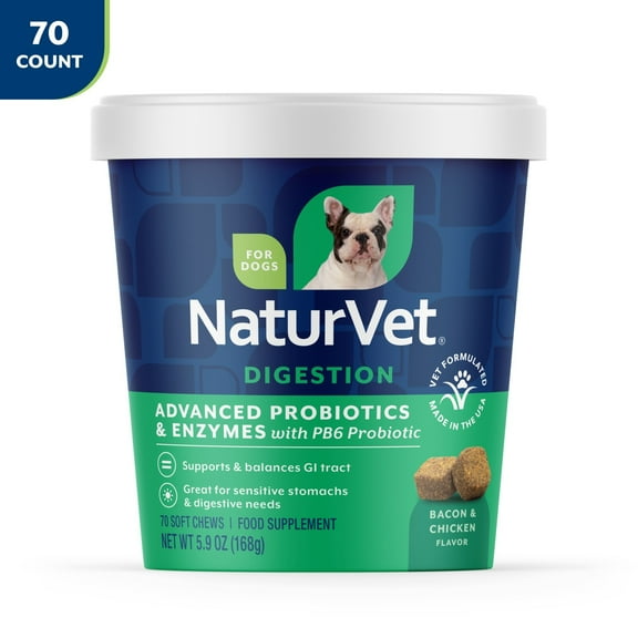 NaturVet Advanced Probiotics & Enzymes Supplements, Hickory Smoked Bacon Flavor, 70 Soft Chews