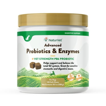 NaturVet Advanced Dog Probiotics & Enzymes, Vet Strength Gut Health Supplement, for Healthy Dogs, 120 Soft Chews