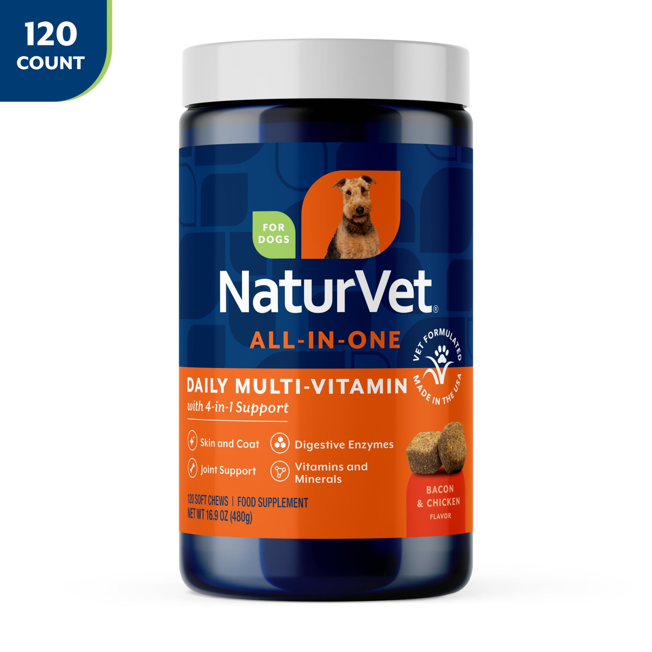NaturVet Daily Multi-Vitamin All-In-One Supplements for Dogs, Bacon and Chicken Flavor, 120 Count