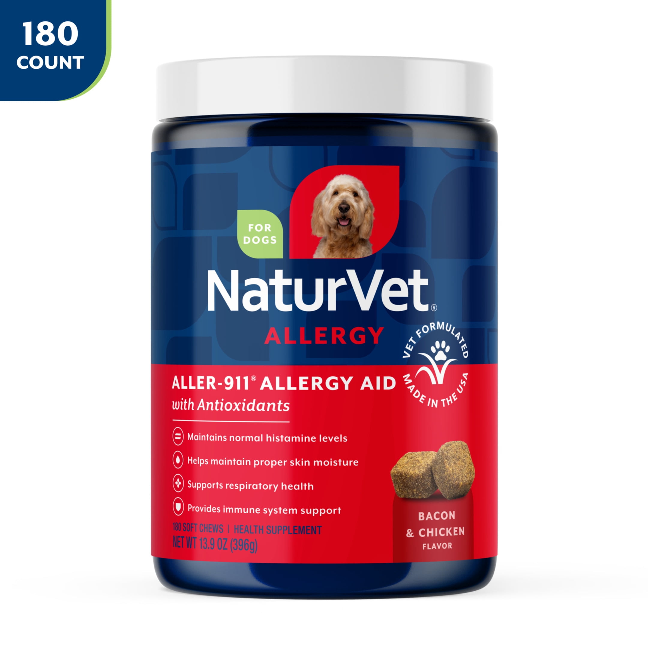 NaturVet Aller-911 Allergy Aid Supplements for Dogs, Bacon and Chicken Flavor, 180 Count