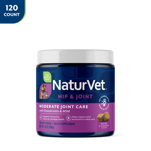 NaturVet Moderate Joint Care Hip & Joint Supplement for Dogs and Cats, Bacon and Chicken Flavor, 120 Count