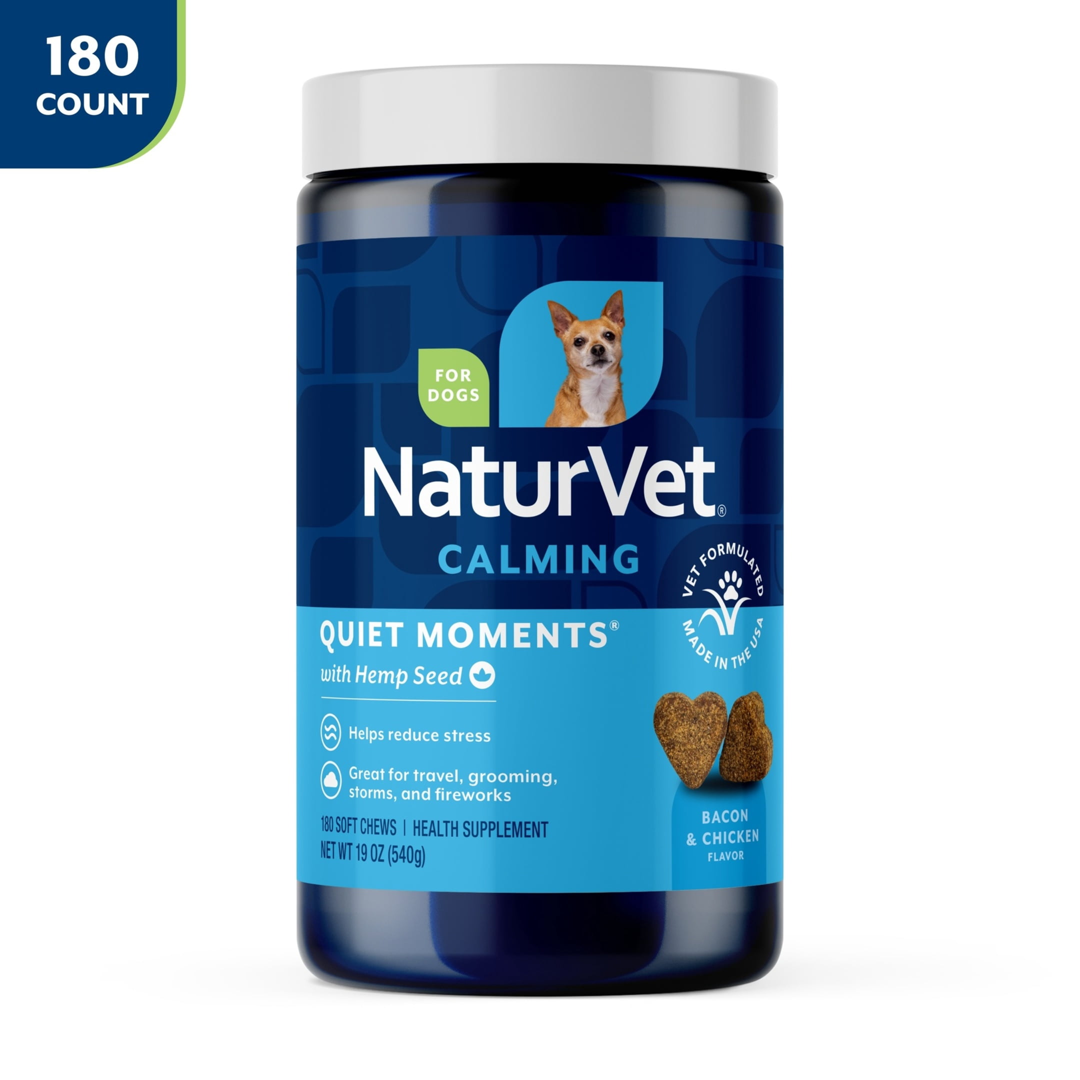 NaturVet Quiet Moments with Hemp Seed Calming Supplements for Dogs, Bacon and Chicken Flavor, 180 Count