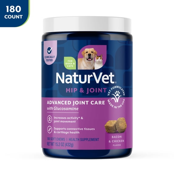 NaturVet Advanced Joint Care Hip & Joint Supplement for Dogs and Cats, Bacon and Chicken Flavor, 180 Count