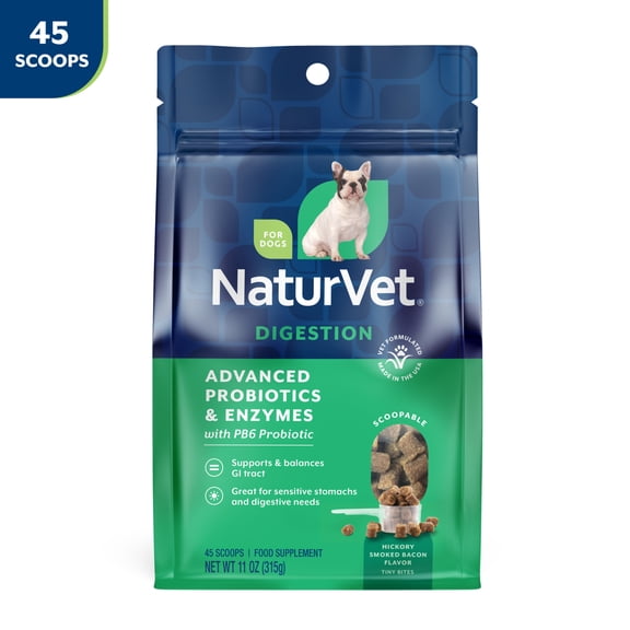 NaturVet Advanced Probiotics & Enzymes Digestion Supplements for Dogs, Hickory Smoked Bacon Flavor, 45 Scoopable Tiny Bites