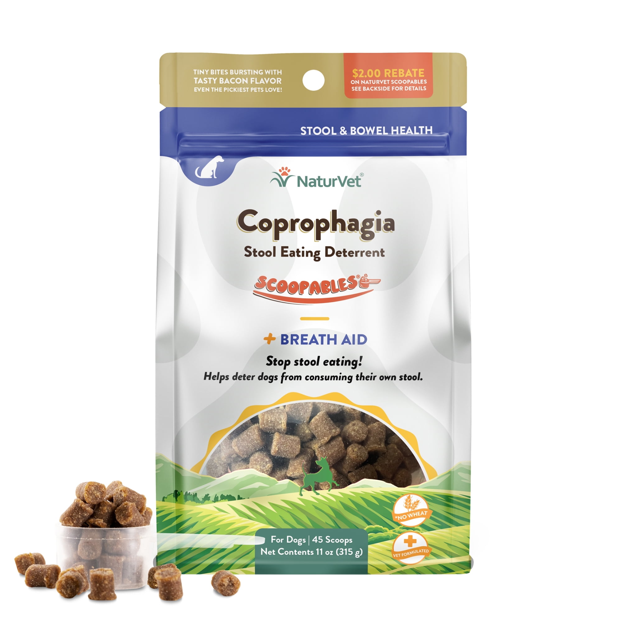 NaturVet Stool Eating Deterrent Stool & Bowel Supplement for Dogs, Hickory Smoked Bacon Flavor, 45 Scoopable Tiny Bites