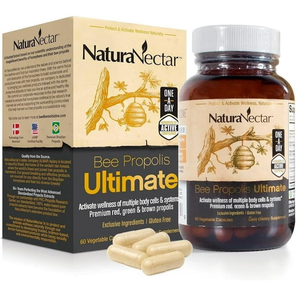 NaturaNectar Bee Propolis Ultimate Vegetable Capsules Daily Dietary Supplements, 60 Count