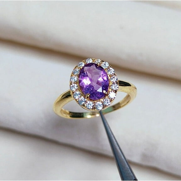 Natural 14K Yellow Gold Plated Purple Amethyst Ring 925 Sterling Silver Handamde Ring Woman Wedding Gift Ring Peomise Ring Birthstone Gift Ring