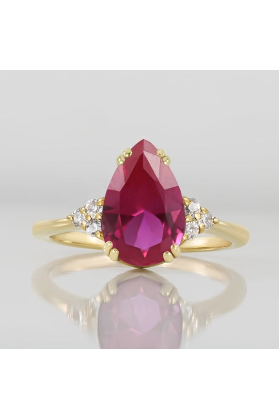 Natural 14K Yellow Gold Plated Ruby Engagement ring, ruby ring, pear cut red gemstone, July birthstone, sterling silver ring