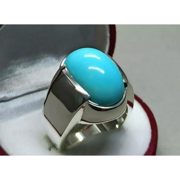 Natural 17 Carat Unheated Untreated Big Neshapuri Feroza Mens Ring Sterling Silver 925 Handmade Turquoise Ring Oval Shape Heavy Ring