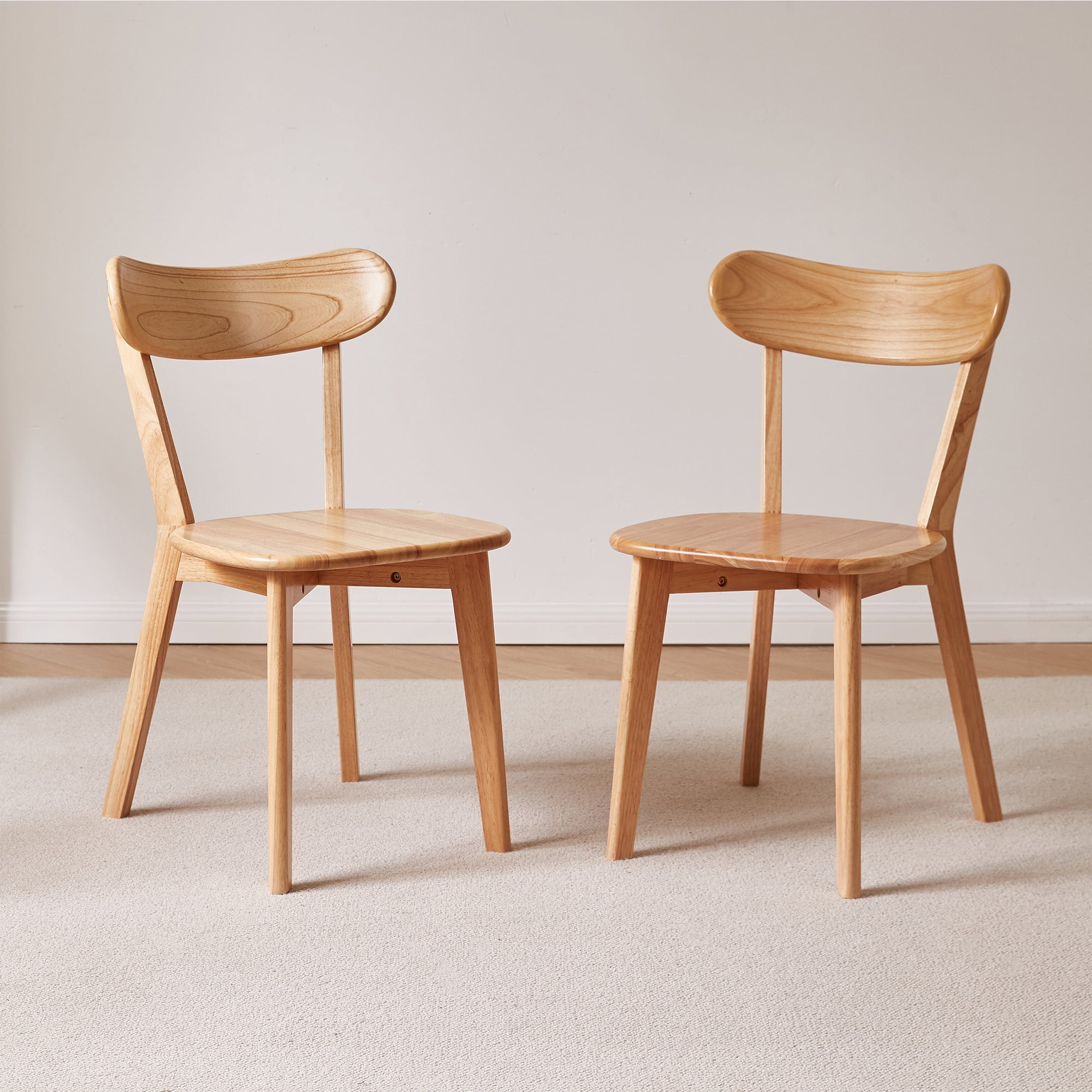 Natural 2‑Pack Solid Rubberwood Dining Chairs, Curved‑Back Wooden ...