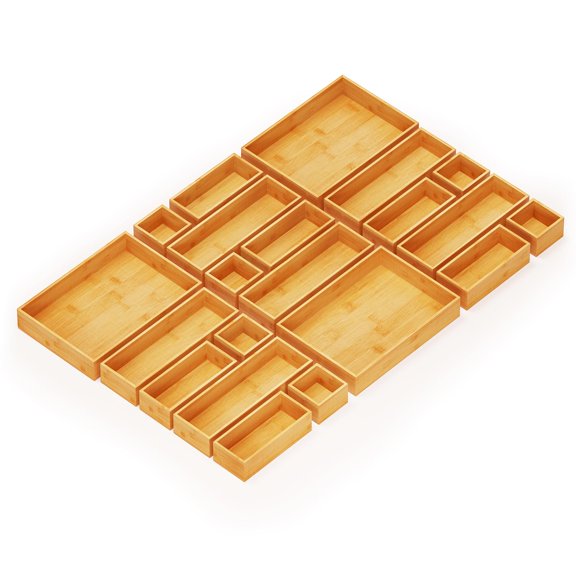 Natural 21-Piece Drawer Organizer Set Multi-Use Storage for Kitchen, Bathroom, Office, Makeup