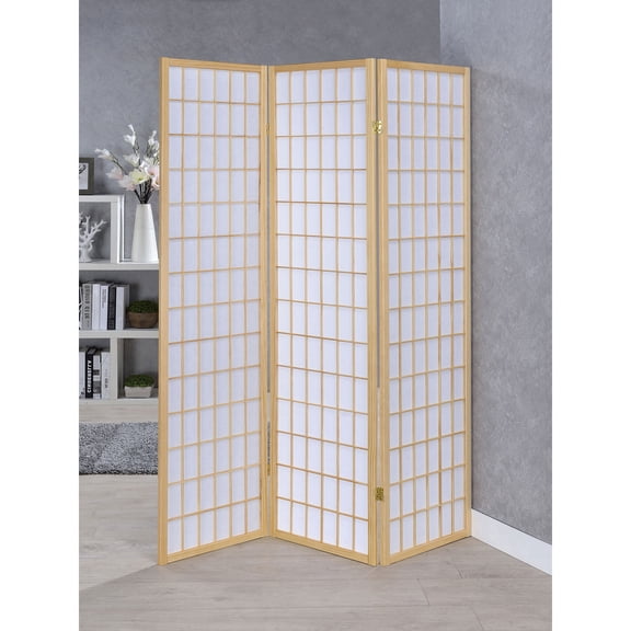 Natural 3-Panel Room Divider Folding Shoji Screen 70.25H Wood+Fabric Privacy Screen for Living Room, Bedroom, Office - Space Divider with Lightweight Paper Panels