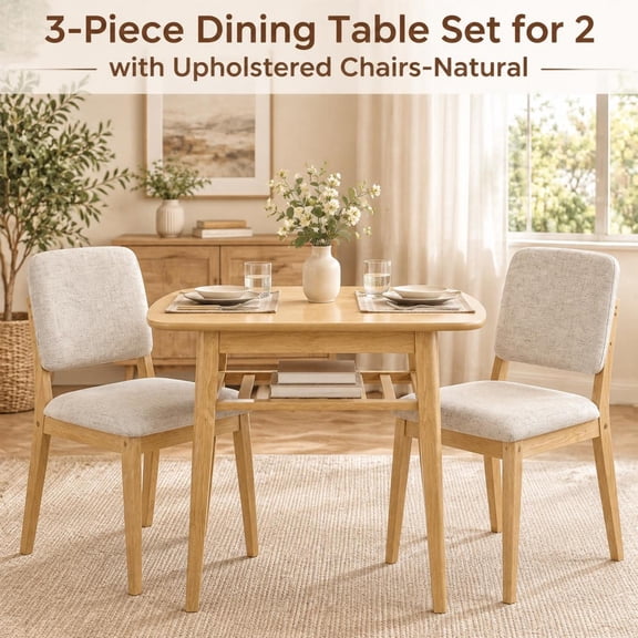 Natural 3-Piece Dining Table Set for 2, Upholstered Chairs, Wood Grain, Storage Rack