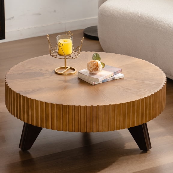 Natural 35.4" Round Coffee Table - Build With Solid Wood & Materials Retro Style Construction Tabletop
