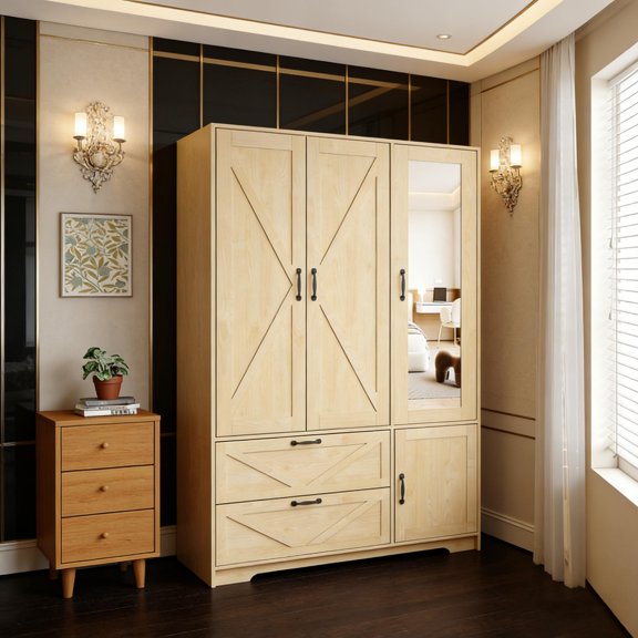 Natural 4-Door LED Wardrobe with Mirror and 2 Drawers, Wooden Storage Cabinet with Hanging Rod and Adjustable Shelves, Illuminated Closet for Bedroom