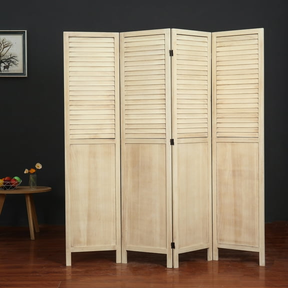Natural 4-Panels Room Divider with Window Shutter Style