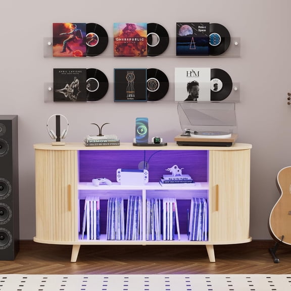 Natural 55-Inch Record Player Stand with Vinyl Storage, Charging Station, LED Lights, and Sliding Door, Turntable Table for Living Room