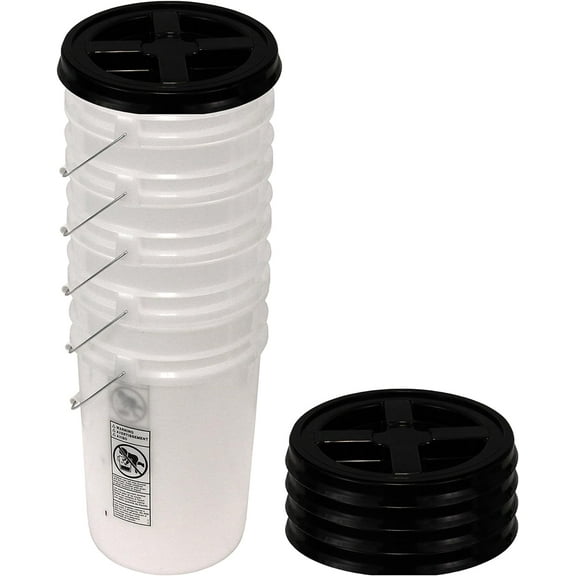 Natural 6 Gallon Bucket with Black Gamma Seal Lid, 5 Pack