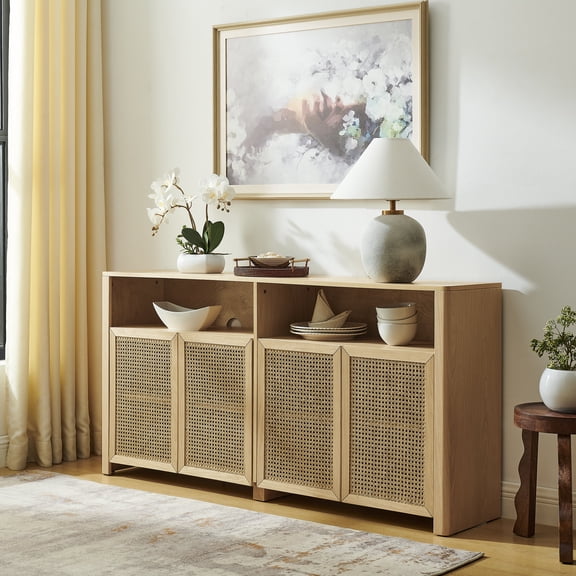 Natural 63 Mid Century Modern Rattan Sideboard Buffet Cabinet with Storage, Retro Coffee Bar Wine Bar Credenza, Large Media Console Table for Living Room Entryway Kitchen