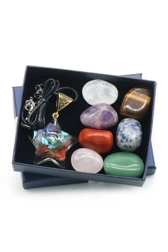 Natural 7 Chakra Crystal Orgonite Moon Star Stone Pendant Necklace + Gift Box