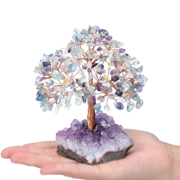 Natural 7 Chakra Gemstone Healing Crystal Money Tree on Amethyst Cluster Geode Druzy Base Feng Shui Crystals