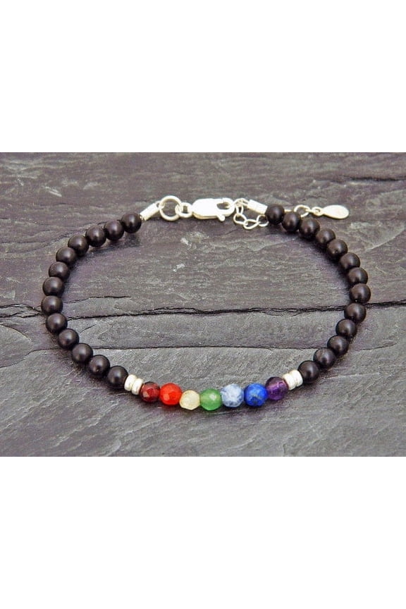 Natural 7 Chakra Stone With Matte Onyx 6mm Round Shape Mix Cut Gemstone Beads 7 Inch Adjustable Silver Plated Clasp Bracelet For Men, Women. Natural Gemstone Link Bracelet.