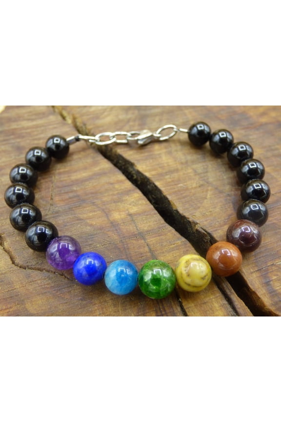 Natural 7 Stone Chakra 10mm Round Shape Smooth Cut Gemstone Beads 7 Inch Silver Plated Clasp Bracelet For Men, Women. Natural Gemstone Link Bracelet.