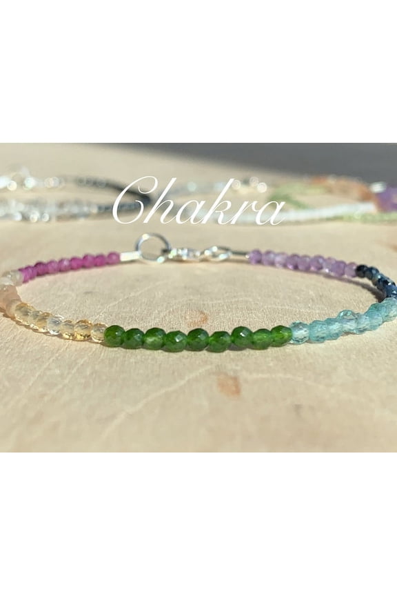 Natural 7 Stone Chakra 3mm Round Shape Faceted Cut Gemstone Beads 7 Inch Silver Plated Clasp Bracelet For Men, Women. Natural Gemstone Stacking Bracelet.