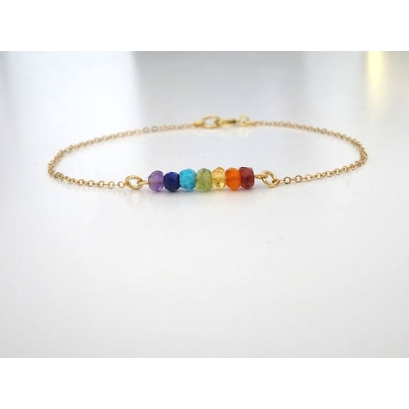 Natural 7 Stone Chakra 4mm Rondelle Shape Faceted Cut Gemstone Beads 7 Inch Gold Plated Clasp Bracelet For Men, Women. Natural Gemstone Stacking Bracelet. |