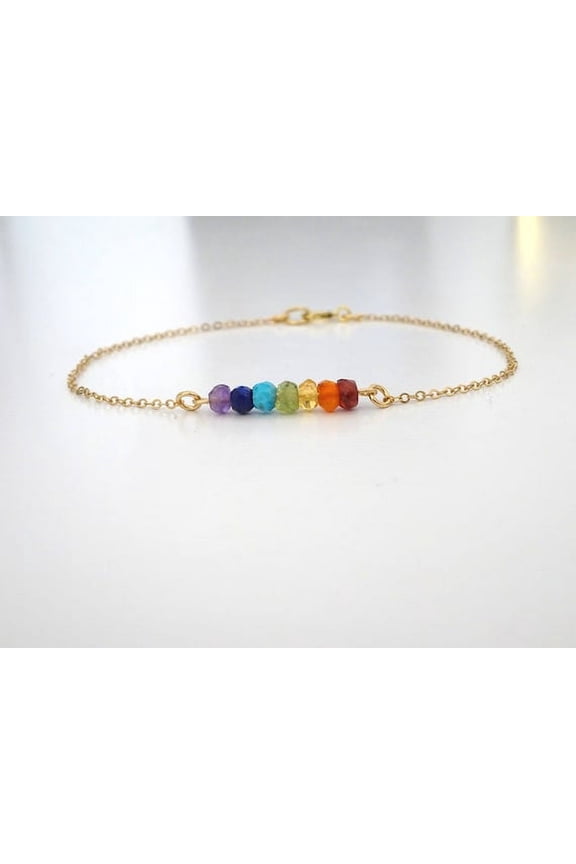 Natural 7 Stone Chakra 4mm Rondelle Shape Faceted Cut Gemstone Beads 7 Inch Gold Plated Clasp Bracelet For Men, Women. Natural Gemstone Stacking Bracelet. |